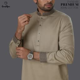 GoodMan Premium Quality Beige Color Semi Long Panjabi for Men. thumbnail 1